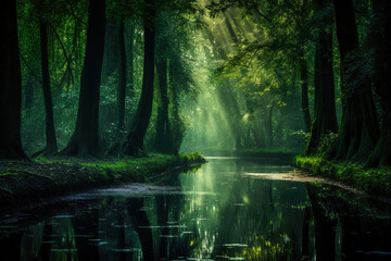 Fototapeta na wymiar Enchanting forest scene illuminated by a mystical emerald light. Fairy tale outdoor background