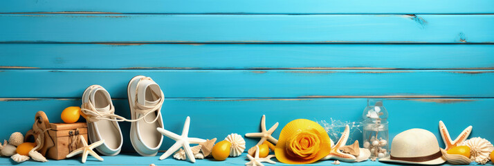 several summer items displayed on a rustic blue wooden backdrop: a collection evoking warm summer memories and beachside adventures. Ai Generated
