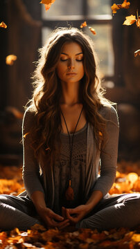 Blowing autum leaves and rain, beautiful top model robotic young woman, autumn background. AI Generative