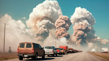 Abandoned cars on the road with a series of explosions on the horizon. War and destruction.