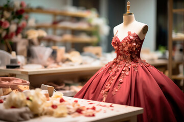 Haute couture evening dress in a tailor room