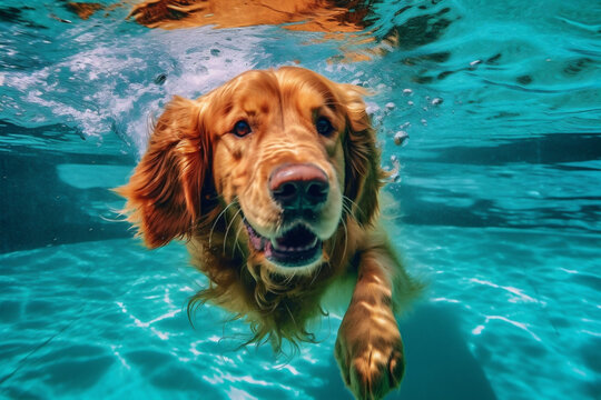 underwater dog fun puppy swimming snorkeling vacation water funny pool. Generative AI.