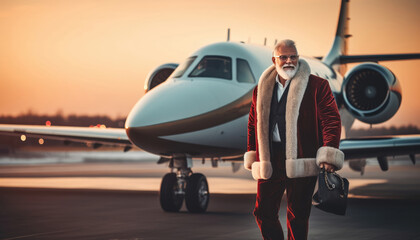 Fototapeta na wymiar Santa at the airport leaves for vacation