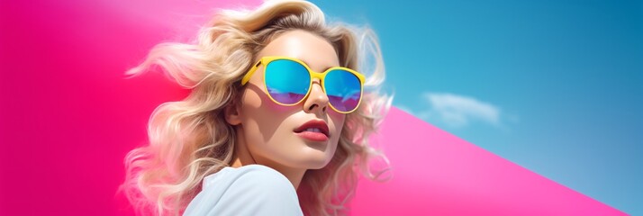 Summer Portrait of a Beautiful Blonde Woman in Neon Pink, Blue, and Turquoise Medium Shot with Copyspace Area