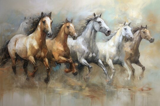Painting of galloping horses. Generative AI