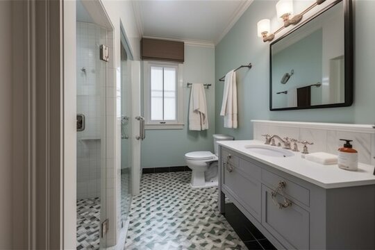 A bathroom with sink, mirror, window in corner, tiled floor and walls, door leads to hallway with window and door to another room. Generative AI