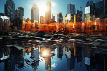 Reflection of city on solar panel-covered buildings. Generative AI
