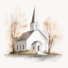 Fototapeta na wymiar Charming Watercolor Church Landscape