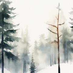 Fototapeta na wymiar Serenity in a Pine Tree Forest Watercolor Landscape