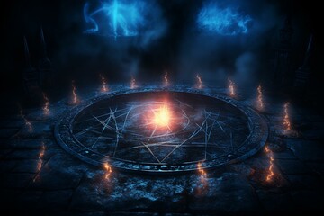 Dark summoning circle with glowing pentagram and runic words. 3D illustration. Generative AI