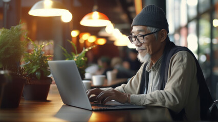 Senior Hipster Vibes: An Elderly Asian Man, Rocking Glasses and Hipster Style, Concentrates on His Laptop at a Cafe Table, Embracing the Digital Age.