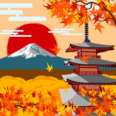 Mount Fuji in autumn season near the pagoda - obrazy, fototapety, plakaty