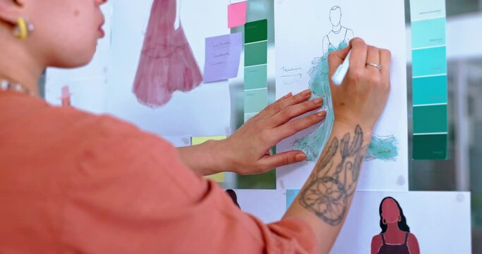 Fashion, design and woman with inspiration, thinking at moodboard and ideas for color, sketch and small business. Job planning, drawing of clothes and mindmap for brainstorming creative designer.