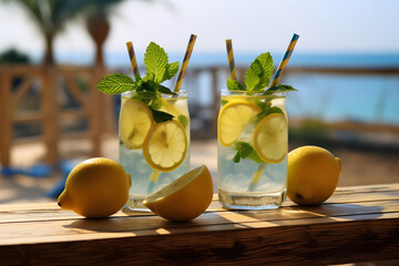 Two fresh and cool lemonades on a wooden table in a coastal hotel. Close up - obrazy, fototapety, plakaty