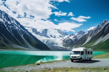 Sunlight and beautiful sky of camping car in background of snow mountains and blue lake landscape. Lifestyle concept for holidays and vacation. - obrazy, fototapety, plakaty