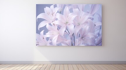 Delicate lilies spread out artfully on a pastel lavender canvas, capturing a serene mood. Interior design. 