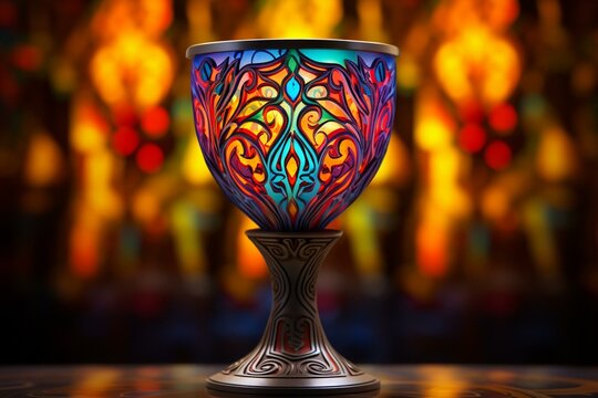 Vibrant and radiant sacred chalice adorned with colorful abstract patterns. Generative AI