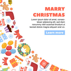 christmas background. party new year decorations, gingerbread man cookie, candie gift prize boxes, snowman, girland, marry christmas tree collection. vector cartoon decorations corner background.