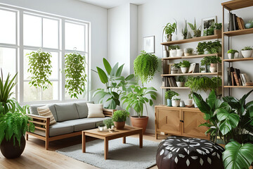 Living room interior design with wooden console, beautiful composition of plants in hipster and different pot designs, books and elegant personal accessories in home garden.