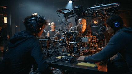A film crew using AI technology for aspects like script analysis, special effects, or post-production editing