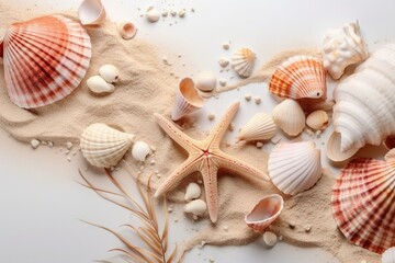 Fototapeta na wymiar Banner with shells, corals, starfish on white sand - summer motif. Generative AI