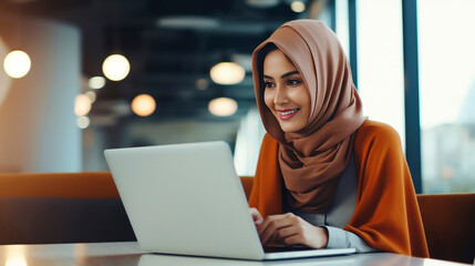 copy space, a closeup photo portrait of a beautiful asian indian model woman with a head scarf smiling using a laptop in a modern office space.