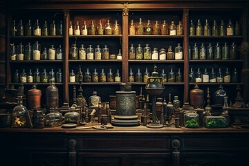 Creepy lab tools, old bottles, vintage mini lab, medieval potions on shelf, apothecary cabinet in pharmacy shop. Generative AI