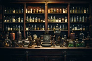 Foto op Plexiglas Creepy lab tools, old bottles, vintage mini lab, medieval potions on shelf, apothecary cabinet in pharmacy shop. Generative AI © Edward