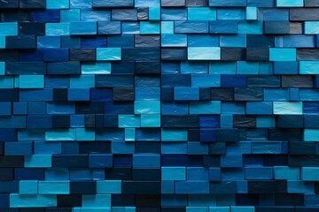 Arranged blue 3D mosaic tiles in the shape of a textured wall with stacked glazed blocks. Generative AI