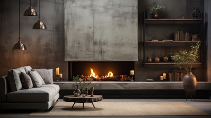 Loft style interior design of minimalist living room with fireplace and concrete walls. - obrazy, fototapety, plakaty