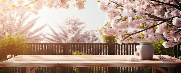 Cherry blossom serenity. Nature pink canopy. Springtime elegance. Sakura blossoms in full bloom. Woodland beauty. Empty table setting for place product - obrazy, fototapety, plakaty