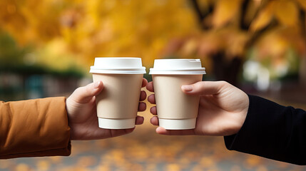 Hands holding paper coffee cups, mock-up  for branding, white coffee-to-go mugs with no print, closeup photo of couple holding  takeaway coffee cups, template, autumn park background, morning light