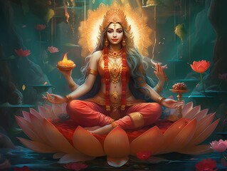 Lakshmi sitting in a lotus pose, Generative AI