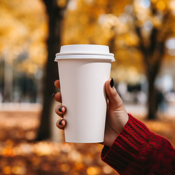  Woman hand holding a blank coffee to go cup, close up photo for mockup, autumn park on background, morning light, paper disposable takeaway coffee mug with no logo, mock-up for branding