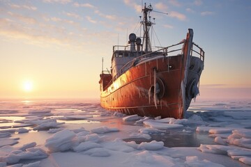 A stranded vessel trapped amidst icy conditions. Generative AI