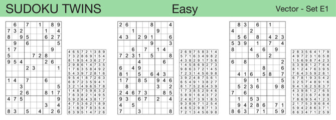 A set of 3 easy scalable sudoku twins puzzles suitable for kids, adults and seniors and ready for web use, or to be compiled into a standard or large print activity book.