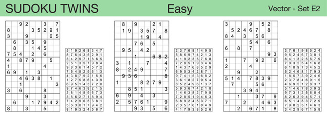 A set of 3 easy scalable sudoku twins puzzles suitable for kids, adults and seniors and ready for web use, or to be compiled into a standard or large print activity book.