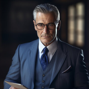 man 52, dressed in 3 piece pinstripe suit, almond shaped blue eyes with black glasses, quarter grey hair, short hair, holding notebook and pen, small smile, handsome.