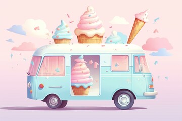 Illustration of adorable ice cream truck with pastel colors for posters, kid fashion, and cards. Generative AI