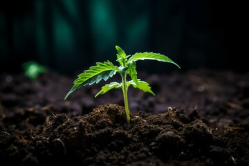 Small cannabis seedling growing on dark soil. Generative AI