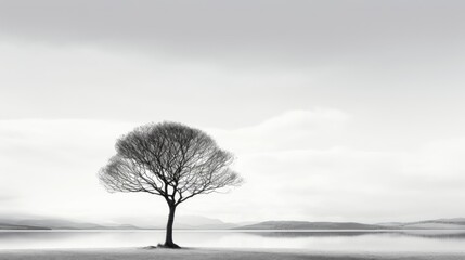 A peaceful, serene lone tree stands against a minimalist backdrop. Soft, diffused natural lighting adds to the tranquil and calm atmosphere of this minimalist landscape.