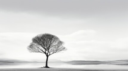 Fototapeta premium A peaceful, serene lone tree stands against a minimalist backdrop. Soft, diffused natural lighting adds to the tranquil and calm atmosphere of this minimalist landscape.