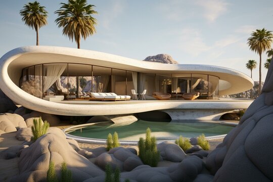 Dreamlike arid residence with palm. Generative AI