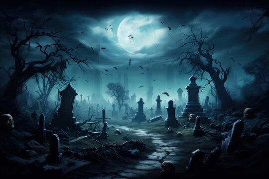 The Halloween background - an old abandoned cemetery with lopsided tombstones on a full moon.