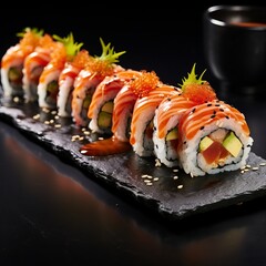 Fresh Philadelphia sushi roll set on a dark background