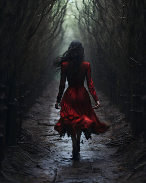 Evil fairy tale folklore photography of a woman in red dress and long dark curly hair walking in a dark creepy forest.