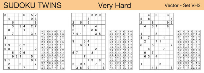 A set of 3 very hard scalable sudoku twins puzzles suitable for kids, adults and seniors and ready for web use, or to be compiled into a standard or large print activity book.