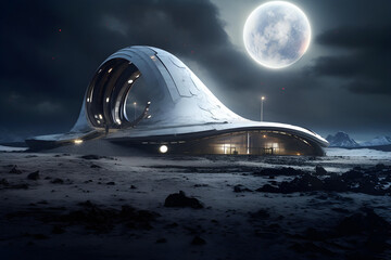 Fototapeta na wymiar A futuristic building on the moon. Dreamscape.
