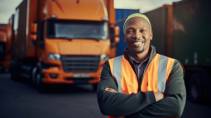 African American transportation factory truck driver standing and smiling by action arms crossed in front of lorry at container yard of port on evening. - obrazy, fototapety, plakaty