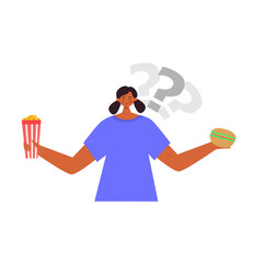 Flat character illustration of girl confused choose popcorn or burger